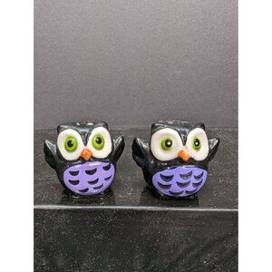Owl Salt and Pepper Set Small 1 3/4 Inch Black and Purple with Stoppers